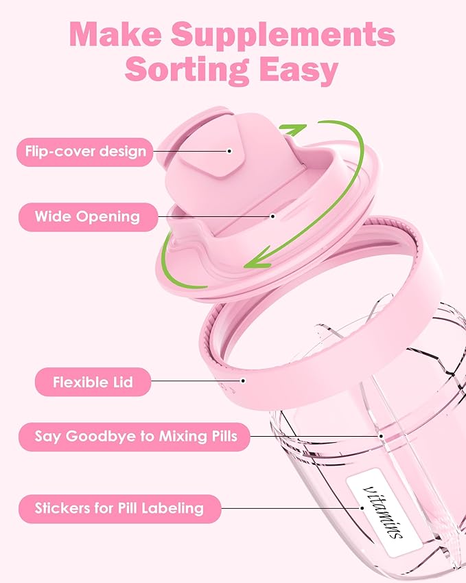 Pill Organizer,Pill Dispenser with 7 Large Compartments,Portable Pill Bottle Box with Wide Opening for Easy Use, Anti-Mix Pills Organizer for Travel,Includes 20 Pcs Sticky Labels-（Black & Pink）