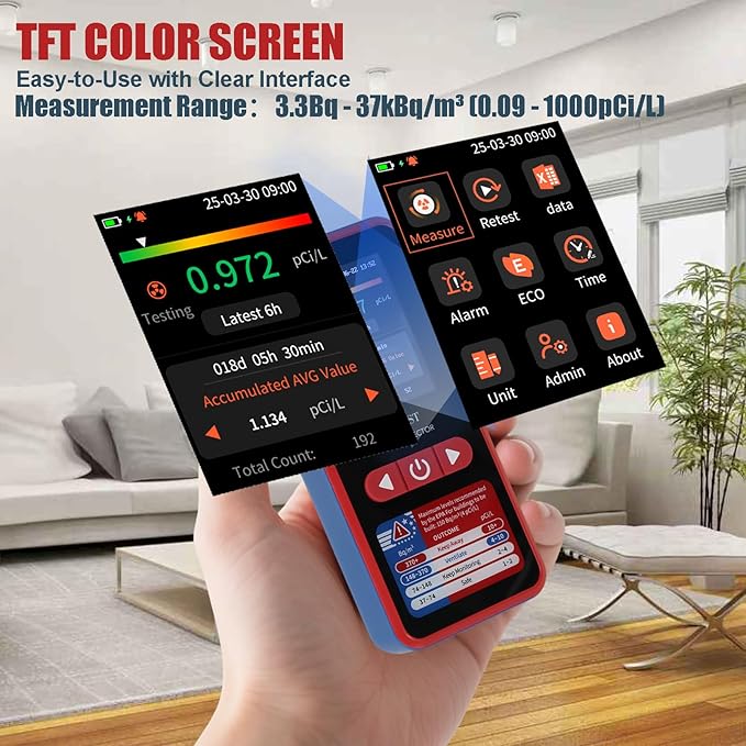 RM-60 Radon Detector with TFT Color Display, Long-Term Radon Monitor for Home, Basement, Audible & Visual Alarms, USB Type-C Rechargeable, pCi/L or Bq/m³