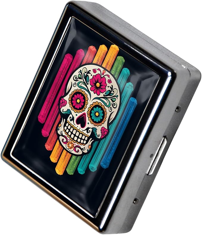 Metal Pill Organizer Box with Mirror – 8 Compartment Chrome Pill Case, Pocket-Size Travel Pill Container for Vitamins, Seniors, Daily Use (Sugar Skull on Rainbow)