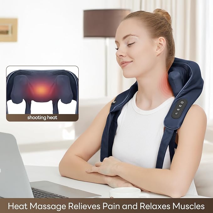 Neck Massager with Heat for Pain Relief Deep Tissue,6D Shiatsu Kneading Massage,Cordless Rechargeable for Neck,Shoulder,Christmas Gifts for Women/Men/Mom/Dad(PU-Dark Blue)