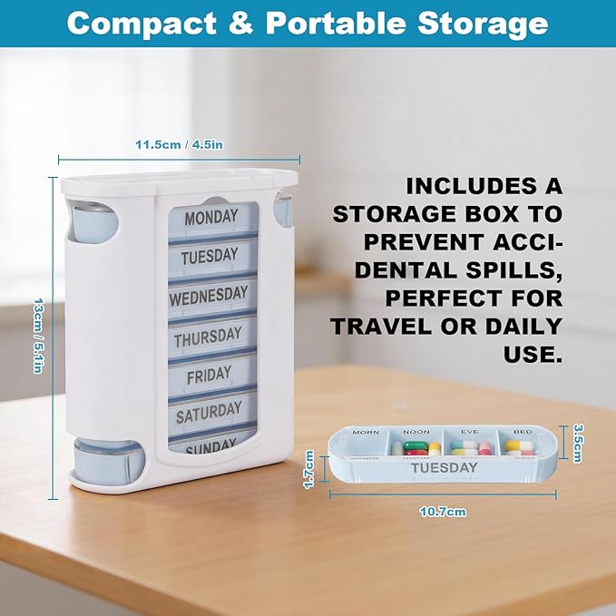 7 Day Pill Organizer 4 Times a Day Medicine Organizer Morning Noon Night Daily Pill Dispenser Stackable Weekly Pill Organizer for Home Travel