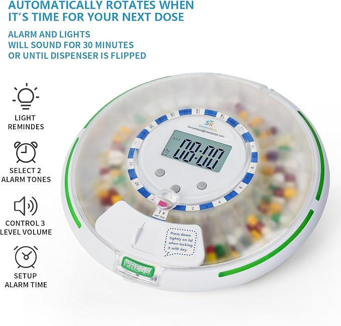 Automatic Pill Dispenser with Alarm, Flashing Light and Sound, 28 Day Pill Dispenser Machine for Elderly, Frosted Lid with Safety Lock, Medication Dispenser Improving Your Pills Privacy
