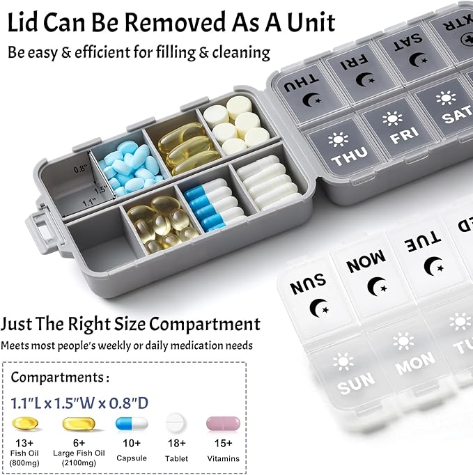 Foldable Weekly Pill Organizer 2 Times a Day with 2 Extra Compartments (Clear Printed Labels) - Portable 7 Day AM PM Medicine Box, Week Daily Travel Pill Case Holder for Vitamin, Supplement - Grey