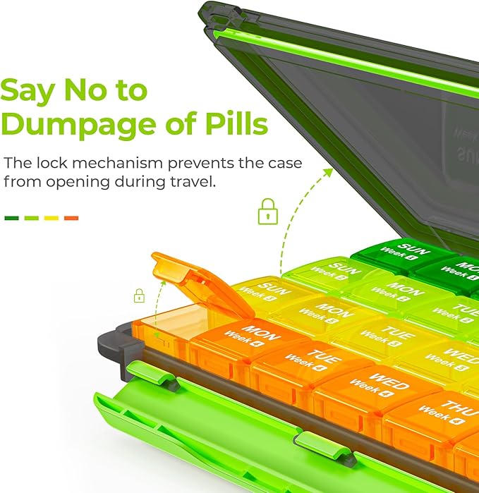 AUVON Moisture-Proof Monthly Pill Organizer, Large 28 Days Pill Box Case with Removable 4 Weeks Medication Organizer Rows, Travel-Friendly to Store Fish Oils, Vitamins, Supplements, Medications