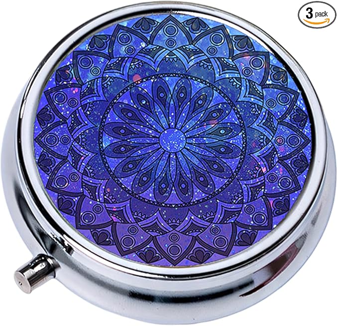 Small Pill Box with Mirror Mandala 3 Compartment Pill Holder for Purse or Pocket Bronze Portable Medicine Vitamin Container Fish Oil and Supplement Storage BPA-Free(Deep Blue Shimmer)