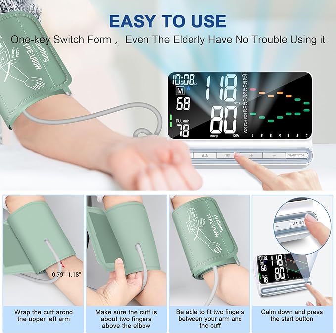 Blood Pressure Monitor for Home – Large Backlit Screen with Trend Curve, Rechargeable Upper Arm BP Machine, Accurate Readings, 180 Memory for 2 Users, Digital Machine with Comfortable Large Cuff