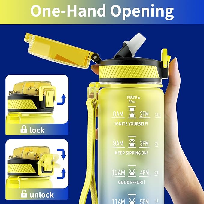 Water Bottle with Straw, 32oz Motivational Water Bottles with Time Marker to Drink, Tritan BPA Free, 1L Sports Water Bottle with Carry Strap LeakProof for Women Gym Fitness Outdoor (1 Pack)