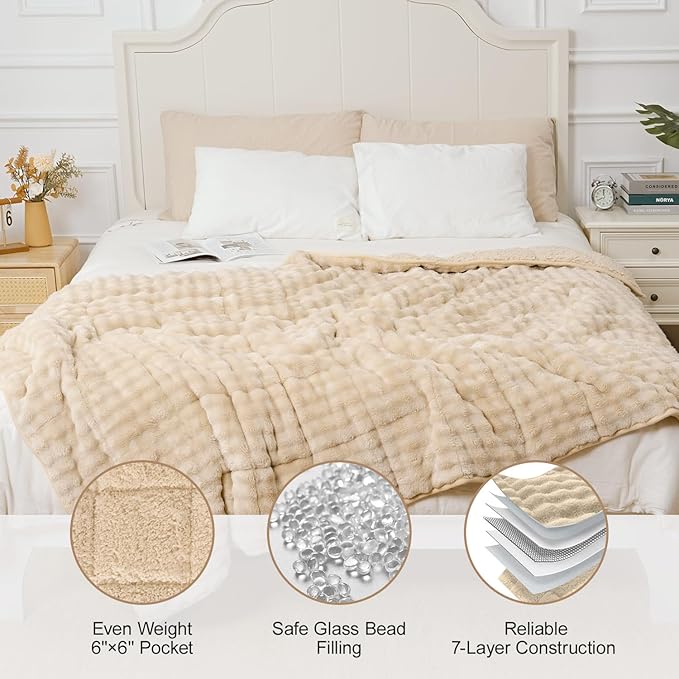 Cottonblue Weighted Blanket 15lbs Bubble Fleece Plush Sherpa Heavy Weighted Blankets for Adults, Fits Twin/Full Size Bed, Cute Fuzzy Warm Heavy Blanket for Calm and Better Sleep, 48"x72", Beige