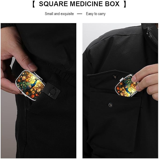 Color Peacock Pill Box 2 Compartment Stained Glass Art Portable Medicine Pill Case Travel Pill Organizer for Pocket Purse