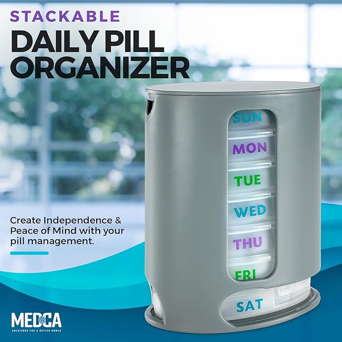 MEDca Weekly Pill Organizer, 1 Dispenser, 7 Stackable Compartments Four Times-a-Day - Morning, Noon, Evening, and Bedtime, Grey (Case of 40)