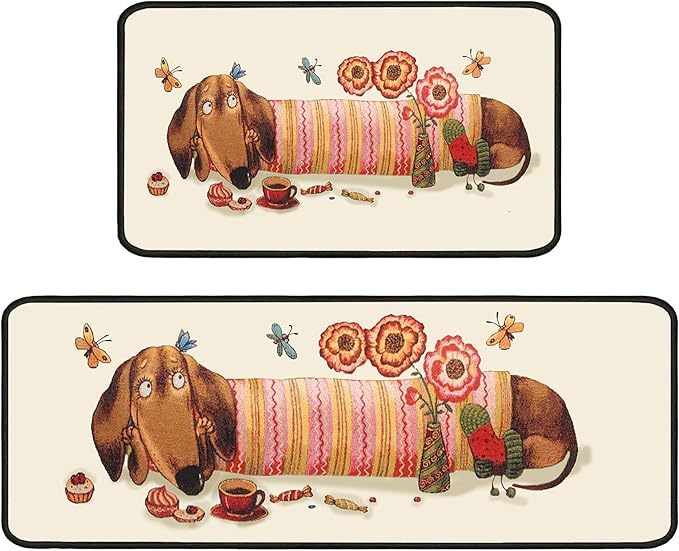 Dachshund Kitchen Rugs 2 Piece Set for Dog Floor Mat, Non Skid Washable Absorbent Microfiber Dachshund Kitchen Mat for in Front of Sink for Standing for Home Dog Kitchen Decor 17"X30"+17"X47"