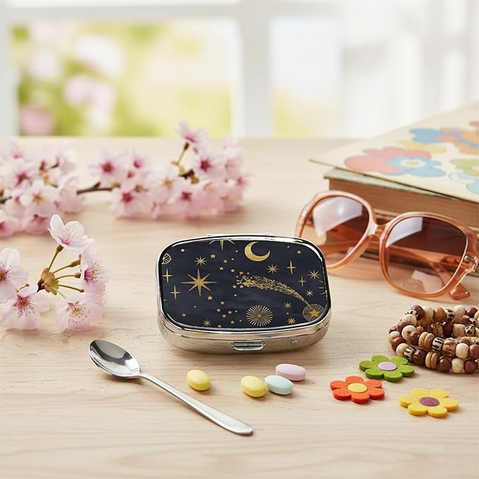 Square Pill Case Small Pill Box with Mirror Pocket 2 Compartment Vitamin Pill Medicine Case Organizer Pill Containers for Traveling Moon and Stars