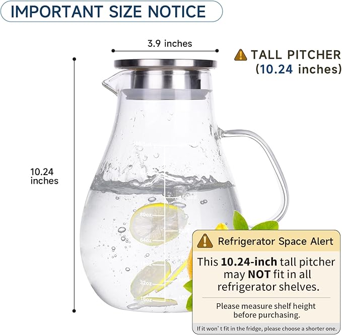 Glass Pitcher, Glass Water Pitcher with Tight Stainless Steel Lid, 105.5oz/3L Heat Resistant Borosilicate Glass Carafe, Temperature Safe