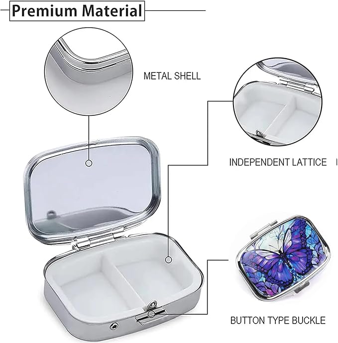 WATASSA Pill Box with Animal Style Mirror All-in-One 2-Compartment Portable Medicine Organizer, Marble Pattern Travel Pill Case for Vitamins&Daily Medication(Fits Pocket/Purse) (Purple Butterfly)