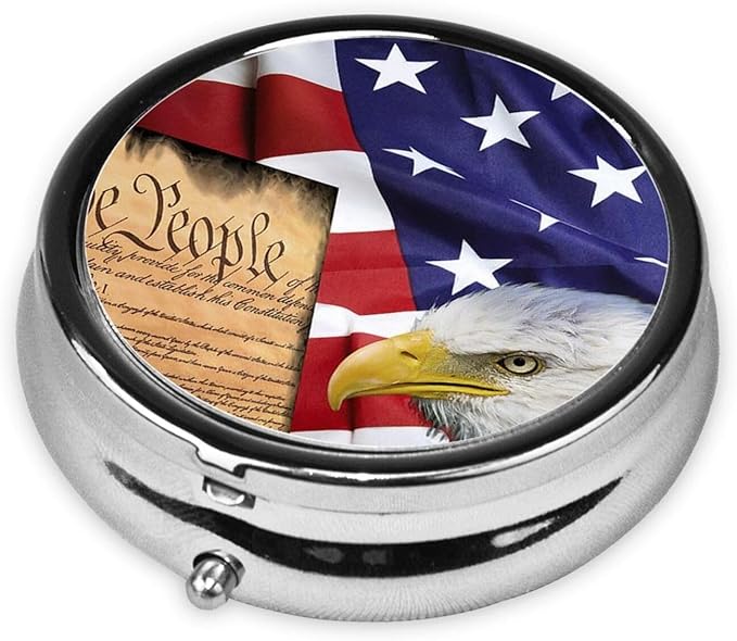 Men Women Round Pill Box Medicine Pill Case, American Flag Patriotic USA Bald Eagle and Book Portable Medicine Tablet Vitamin Holder Organizer for Purse Pocket Travel Gift