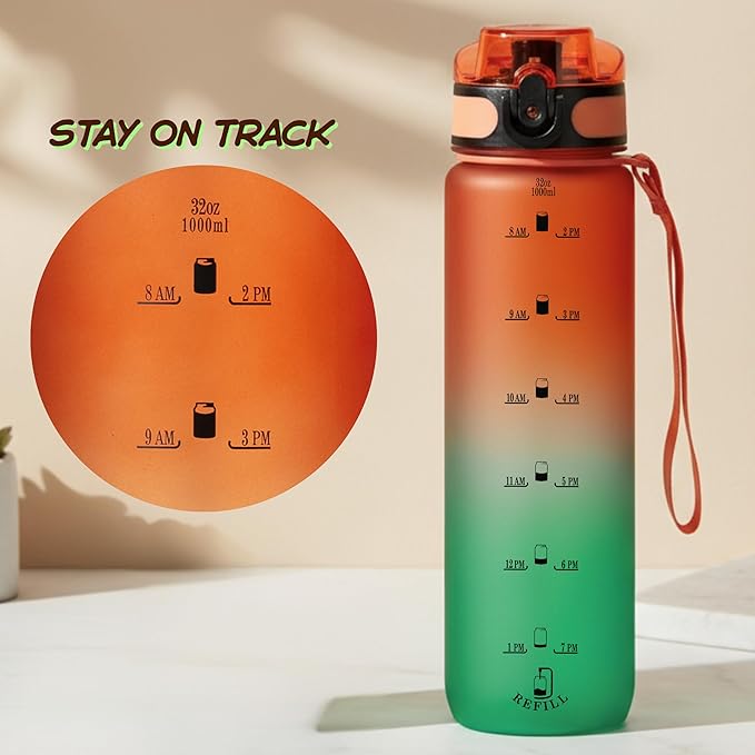Motivational Water Bottle with Time Marker – BPA/BPS-Free Tritan Bottle – Leak-Proof Design with Straw & Fast Flow Lids – Perfect for Gym, Outdoor Sports, and Fitness (Gradient Orange/Green)