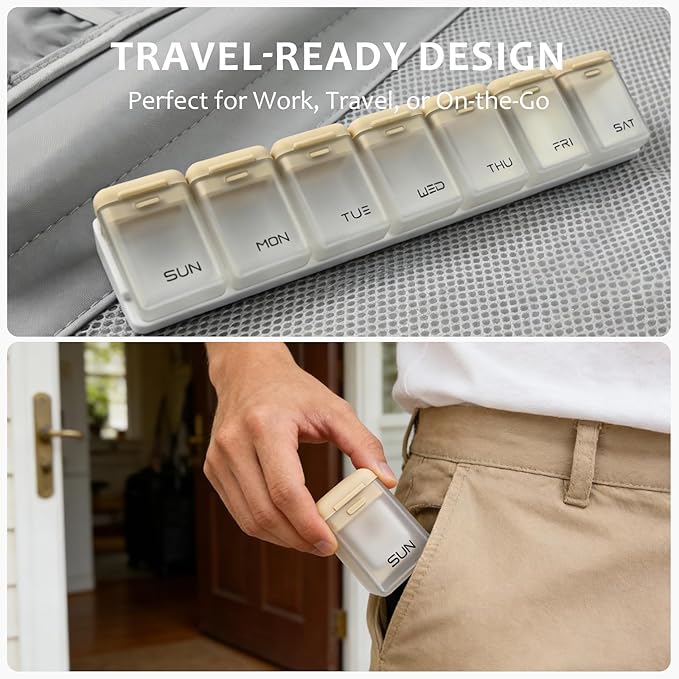 Fridge Magnetic Weekly Pill Organizer, Easy Open Daily Reminder Waterproof Pill Box for Vitamins, Travel & Daily Use (Brown)