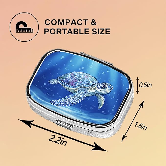 Square Pill Case Small Pill Box with Mirror Pocket 2 Compartment Vitamin Pill Medicine Case Organizer Pill Containers for Traveling Tranquil Sea Turtle