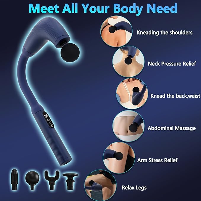 Massage Gun with Upgraded Extension Handle, Back Massager for Pain Relief Deep Tissue, Muscles/Neck/Shoulders/Waist/Legs Massager with 4 Massage Heads & 6 Speed Levels & 3 Massage Modes, Blue