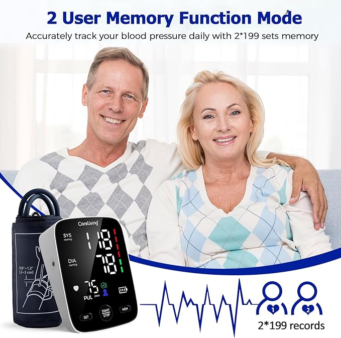 Blood Pressure Monitor, Upper Arm Blood Pressure Monitors for Home Use, 2x199 Readings Memory, Adjustable Arm Cuff 8.7"-16.5", Large Display with LED Background, Light Storage Bag