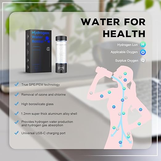 Hydrogen Water Bottle Generator with SPE/PEM–Portable Molecular Hydrogen Rich Water Machine, Rechargeable,5000 ppb,LED Timer for Home, Office, Travel, Sports,Birthday & Christmas Gift