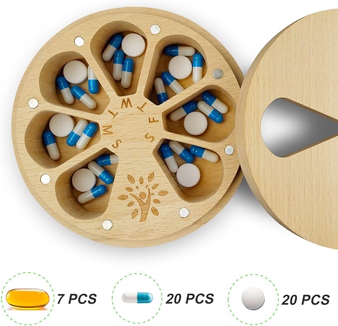 AM&PM Set of 2 Wood Weekly Pill Organizer for Medicine Vitamin 2 Times a Day,Arthritis Friendly 7-Day Pill Box Medium Compartments Holder,Daily Portable Travel Pill Case with Velvet Bag