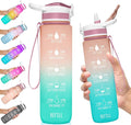 NatureWorks HydroMATE 32 oz Water Bottle with Time Markings Hourly BPA Free Reusable Leak Proof with Straw and Carrying Strap 1 Liter