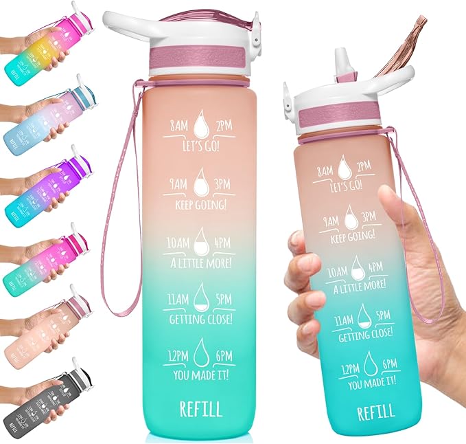 NatureWorks HydroMATE 32 oz Water Bottle with Time Markings Hourly BPA Free Reusable Leak Proof with Straw and Carrying Strap 1 Liter