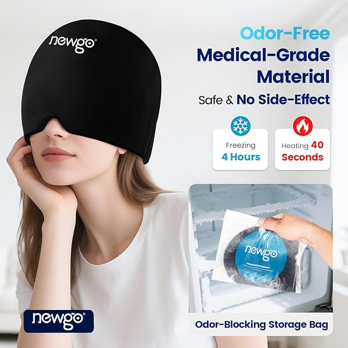 NEWGO Migraine Relief Cap Headaches Ice Cap with Top Coverage, Hot and Cold Therapy, Migraine Headache Relief Cap for Tension, Stress & Hangover