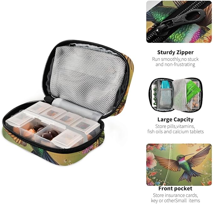 Travel Pill Case Flower Garland Bird Weekly Small Pill Box 7 Day Pill Box Pill Organizer Bag