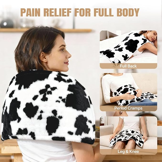 Cow Print Heating Pad for Back Period Cramps Neck Shoulder Pain Relief, Portable Electric Heat Pads Cow Stuff Gifts Ideas, Funny Useful Self Care Christmas Birthday Gift for Women Mom Her Adults Teens