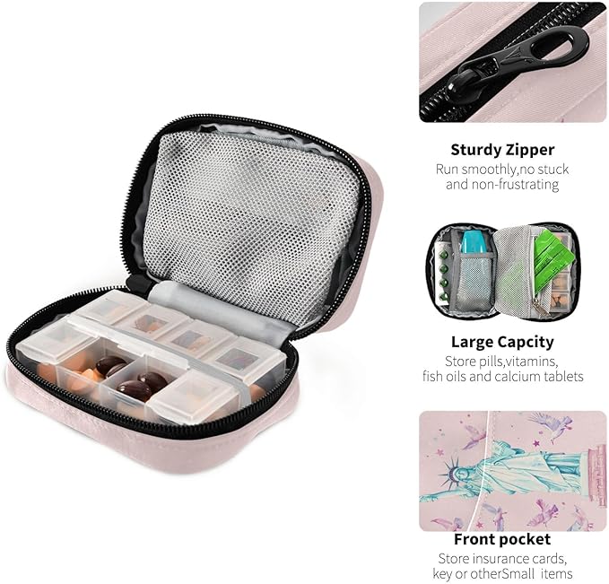 The Statue of Liberty Stars and Doves Pink Travel Pill Organizer Case Box Container Weekly Portable Vitamin Medicine Holder Storage Bag with Zipper Removable