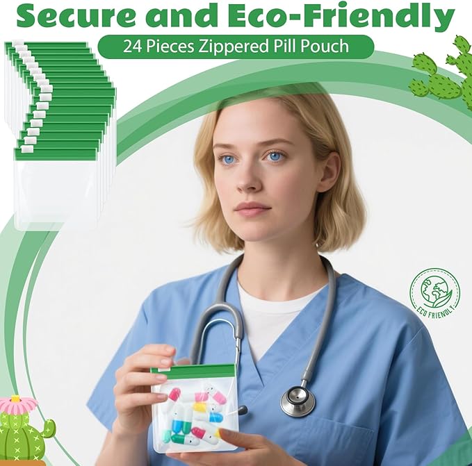 Handepo 24 Pieces Pill Pouch Bags Zippered Set Reusable Translucent Medicine Organizer Sealing Travel Plastic Bags with Slide Lock for Storage (Grass Green)