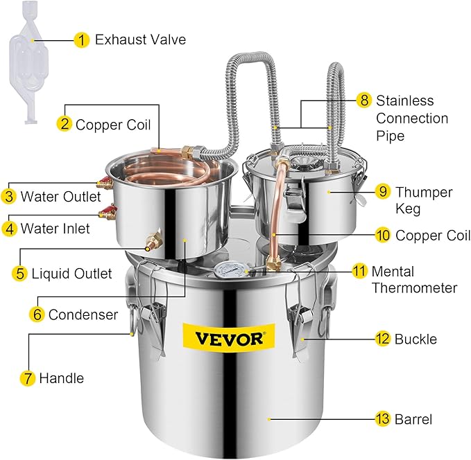 VEVOR Alcohol Still 5GAL/20L, Alcohol Distiller with Thumper Keg, Distillery Kit for Alcohol with Copper Tube & Build-in Thermometer & Water Pump