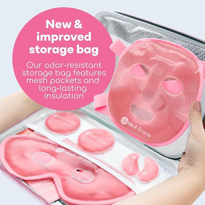 Medi Grade Cooling Ice Face Mask and Cooling Eye Mask for Puffy Eyes, Pink - Self Care Face Ice Pack with ChillGel Face Ice Mask Technology - Cooling Face Mask, Eye Pads and Bag