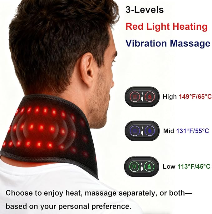 Neck Massager with Heat and Vibration Massage, Cordless Neck Heating Pad for Pain with 660nm 850nm Red Light, Heated Neck Brace Wrap for Women Men, Christmas Gifts for Mom Dad