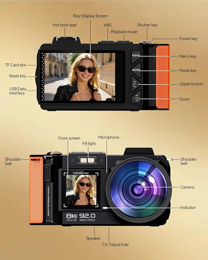 8K Digital Camera for Photography, 92MP WiFi Vlogging Camera for Front and Rear Screen, 18X Digital Zoom, Point and Shoot Camera for YouTube with 64GB SD Card (8K Black)