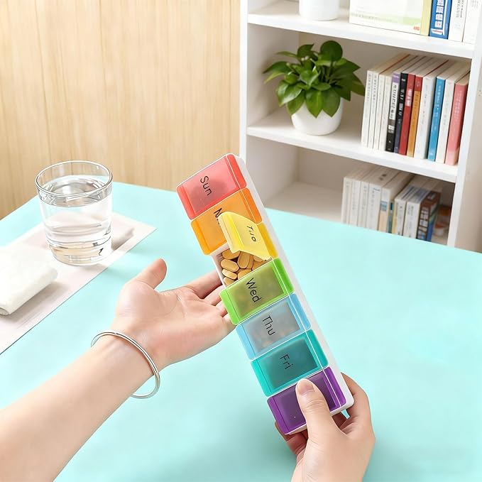 Pill Organizer, Weekly Portable Pill Dispenser, Travel Daily Pill Case Box Holder, 7 Compartment Medication Planner for Vitamin, Medicine, Fish Oil, Supplements (Transparent, 7-Color lid