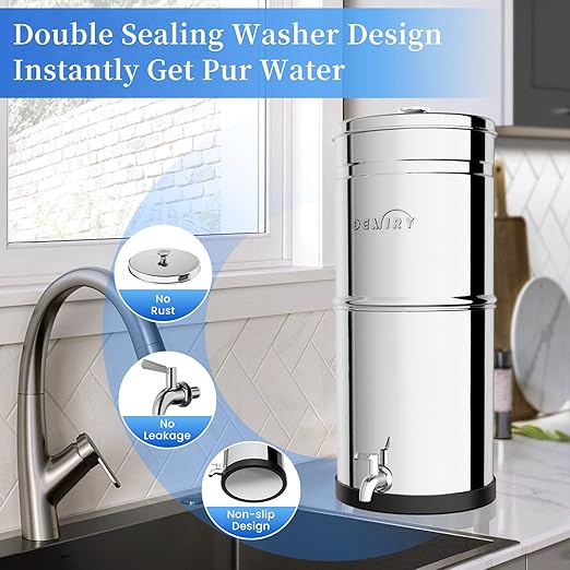 Gravity Water Filter System, 2.25G Stainless Steel Countertop System Water Purifier, Reduce 99% Chlorine for Home Camping Backpacking RVing, 2 Carbon Filters