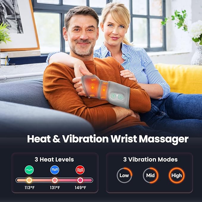 Cordless Wrist Heating Pad Wrap, Heated Wrist Brace with Vibration, Heated Wrist and Hand Massager, 3 Heat Levels, 3 Massage, Rechargeable Heating Pad for Wrist and Hand, Elbow, Ankle