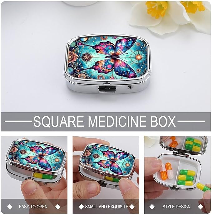 Metal 2 Compartment Pill Organizer Travel Friendly Portable Compact Pill Box Cute Pill Case,for Pocket Wallets Daily Portable Medicine Vitamin Tablet Storage (Butterfly)