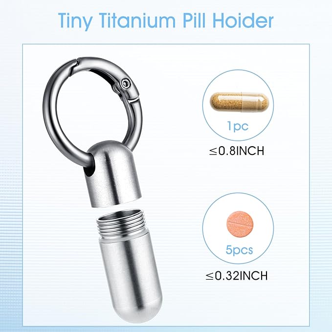 Small Pill Case Keychain Tiny Portable Carabiner Clip Pill Holder Bottle Micro Waterproof Metal Pill Container Mini Emergency Medicine Organizer for Outdoor Camping Travel Purse
