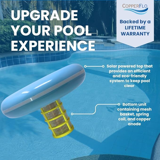 The CopperFlo Solar Pool Ionizer | Pool Cleaner, 85% Less Chlorine, for Pools up to 45,000 Gal, Lifetime Replacement Program