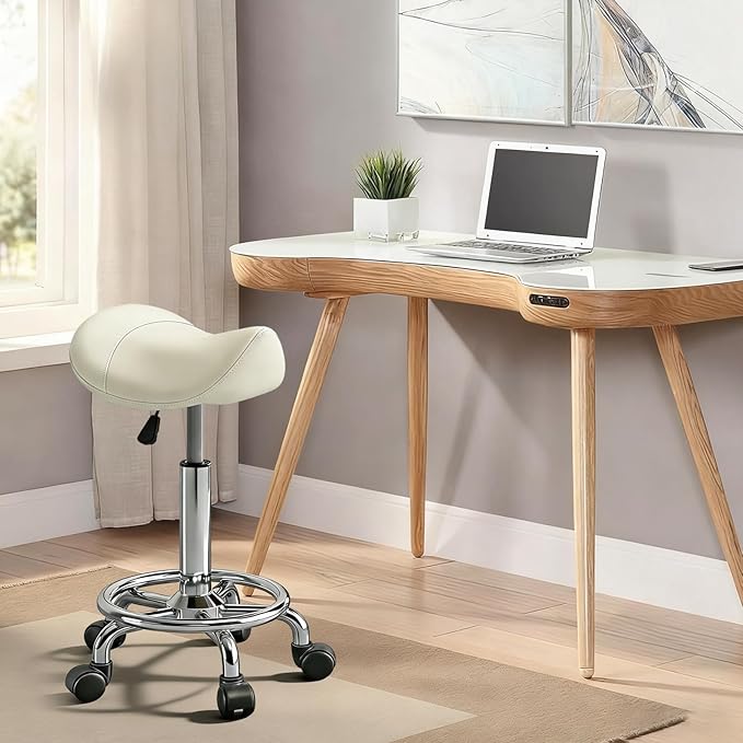 Saddle Stool with Ring Pedal, Adjustable Hydraulic Rolling Chair with Wheels for Medical, Massage, Salon, Spa, Kitchen, and Drafting Use