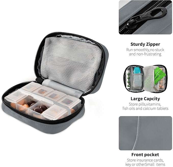 Naanle 7 Day Pill Case Travel Pill Organizer Bag with Zipper Portable Weekly Case Compact Size for Vitamin Supplement Holder, Solid Color Grey
