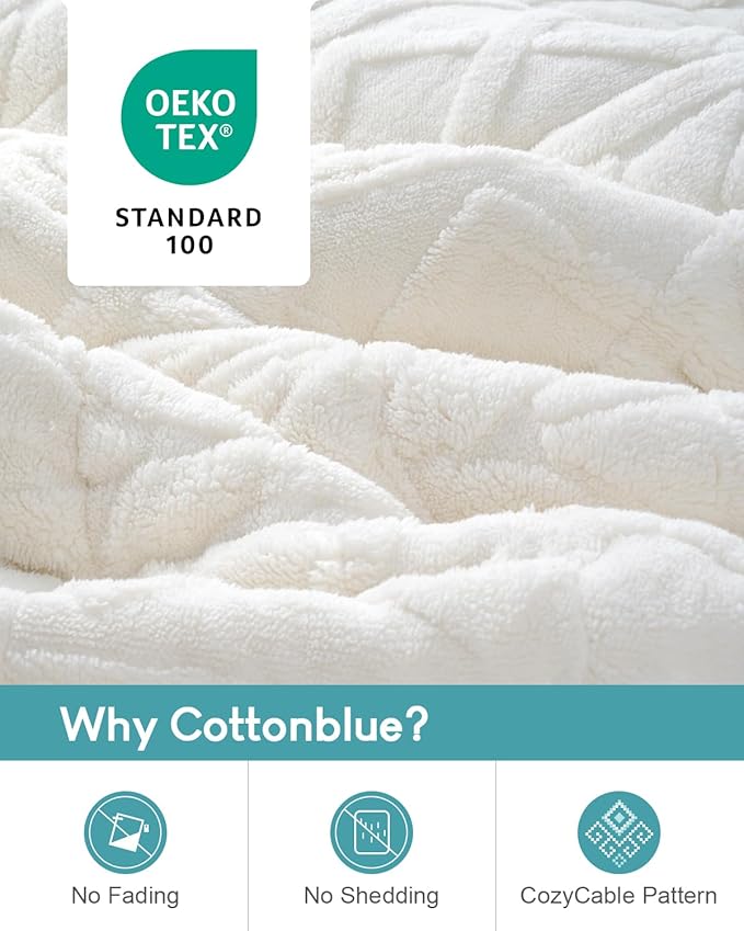 Cottonblue Jacquard Weighted Blanket 15lbs for Adults Queen Size, Ultra Soft Cozy Comfort Sherpa Blanket for Relax and Sleep, Heavy Bed Blankets with Glass Beads, 60x80 Inches, Cream White