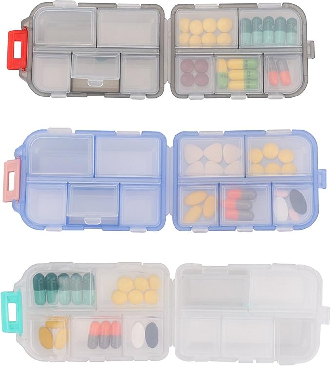Pill Case - Portable Supplements Tablet Container Box with 10 Compartments - Medicine Capsule Vitamin Foldable Organizer Dispenser Holder Storage for Travel Trip Pocket Purse - Clear White
