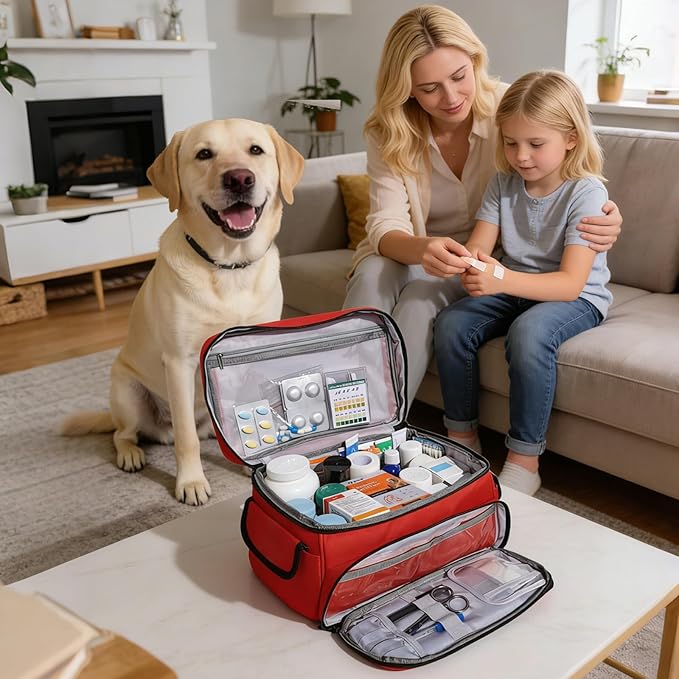 First Aid Bag Empty 12" x 9" x 7" Medical Bag Red Pill Bottle Organizer Portable Emergency Bag Travel Medicine Kit Storage Case First Aid Box for Car, Home, Office, Dorm, Outdoor (Small)