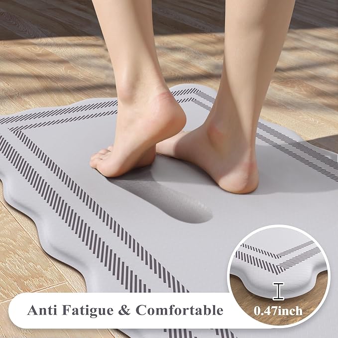 KIMODE Anti Fatigue Kitchen Mats, Light Grey Kitchen Rugs, Padded Kitchen Mat for Floor, Comfort Standing Desk Mat, Cushioned Kitchen Mats for Floor 2 Piece for Laundry Office Sink 17"x47"+17"x29"
