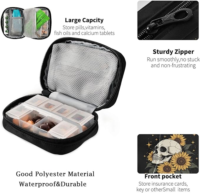 Fustylead Shining Human Skull and Sunflower Design Pill Organizer for Purse, Weekly Portable Pill Box with Zipper to Storage Vitamins Fish Oils Medications Supplements